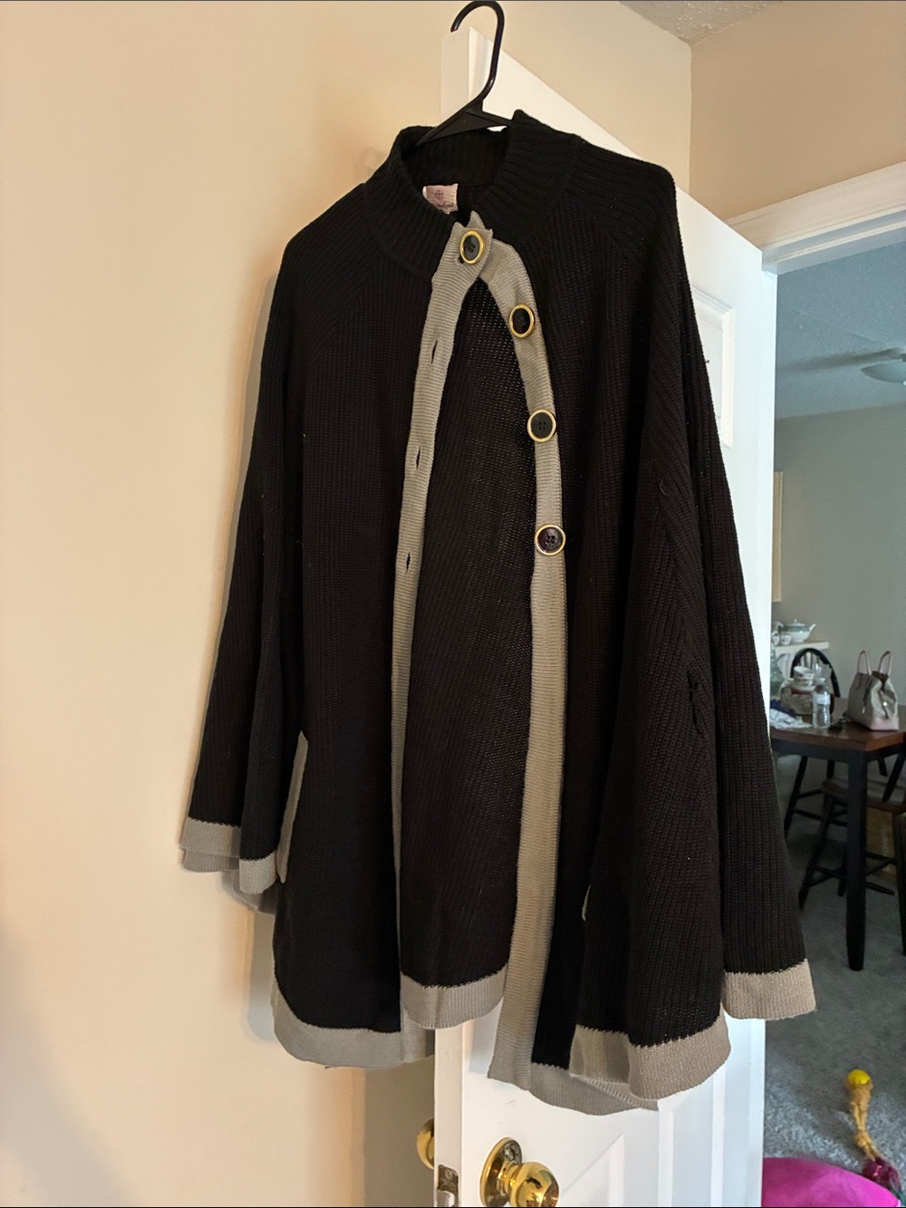Black and Gray Button-Trim Knit Sweater Coat poncho
